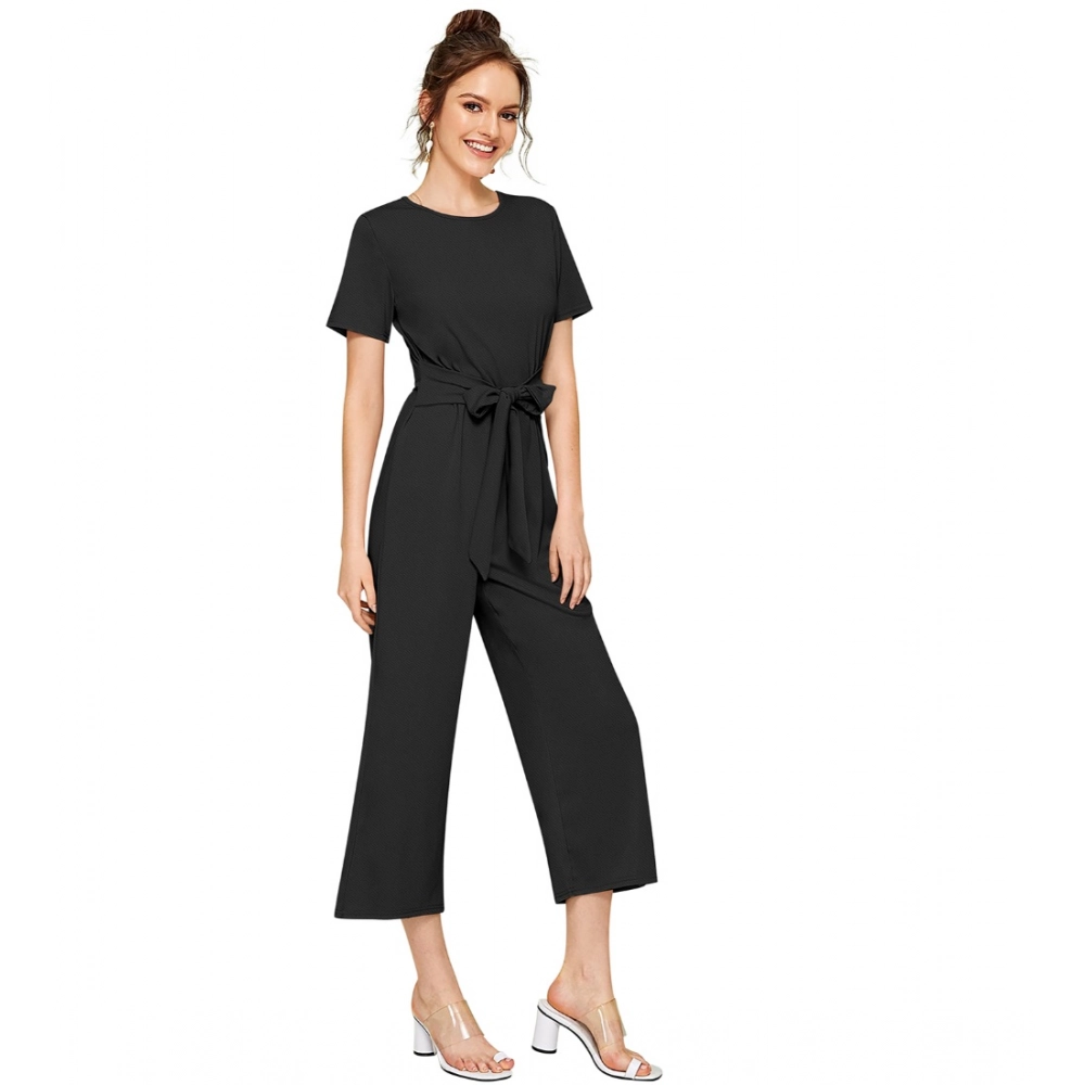 Women's Knitting stretchable Solid Round Neck Cap Sleeve Jumpsuit (Black) - Image 3