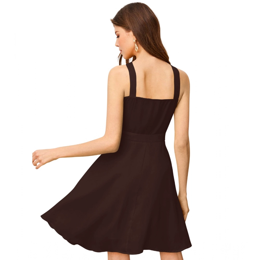 Women's Knitting stretchable Solid Halter Neck Sleeveless Dress (Coffee) - Image 2