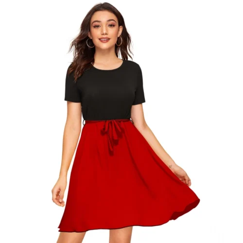 Women's Knitting stretchable Solid Round Neck Cap Sleeve Dress (Red)