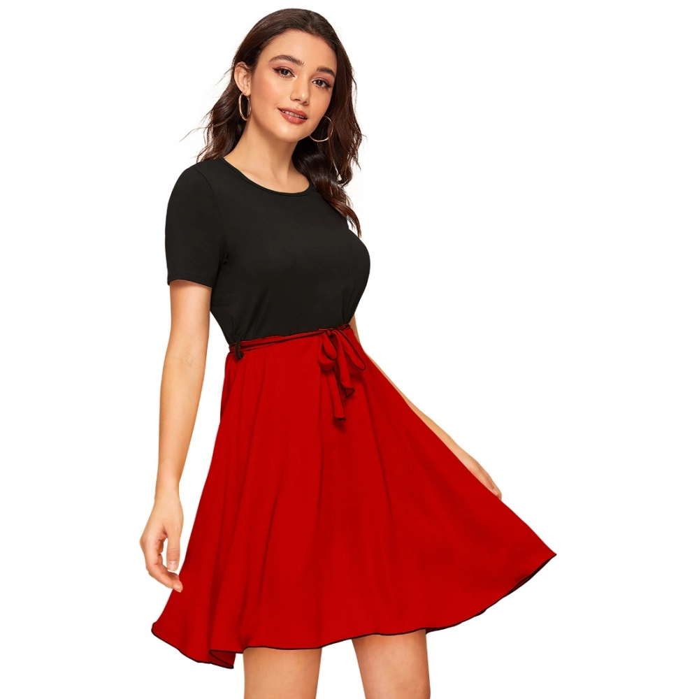 Women's Knitting stretchable Solid Round Neck Cap Sleeve Dress (Red) - Image 3