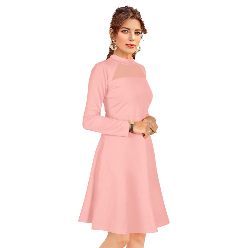 Women's Knitting stretchable Solid Round Neck Full Sleeve Dress (Peach) - Image 3