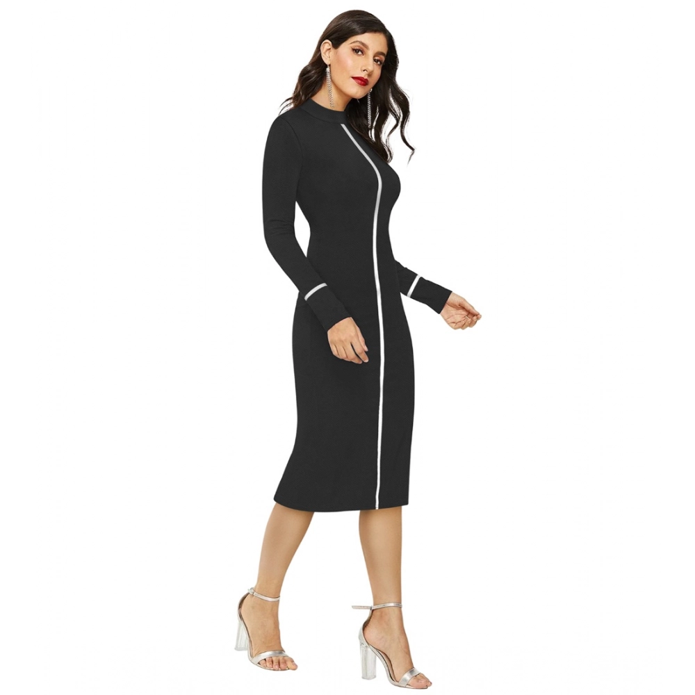 Women's Knitting stretchable Solid Round Neck Full Sleeve Dress (Black) - Image 3