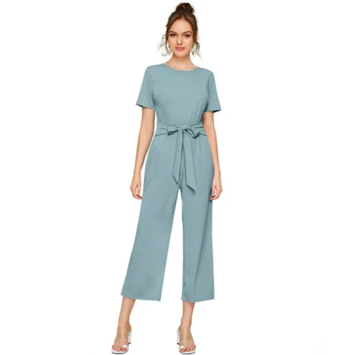 Women's Knitting stretchable Solid Round Neck Cap Sleeve Jumpsuit (Pista )