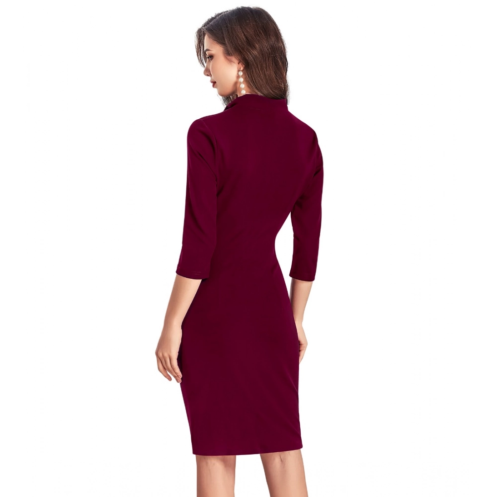 Women's Knitting stretchable Solid Round Neck 3-4th Dress (Maroon) - Image 2