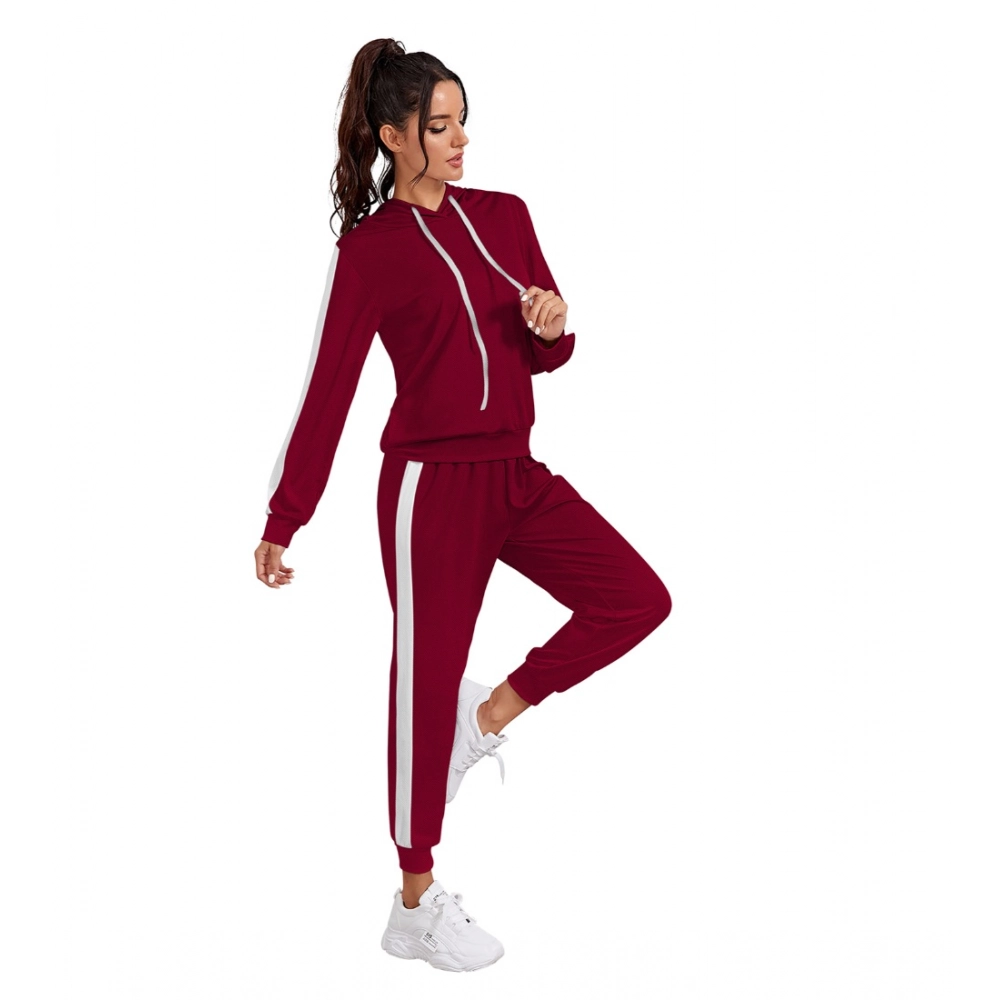 Women's Knitting stretchable Solid Hooded Neck Full Sleeve Track Suit (Maroon) - Image 3