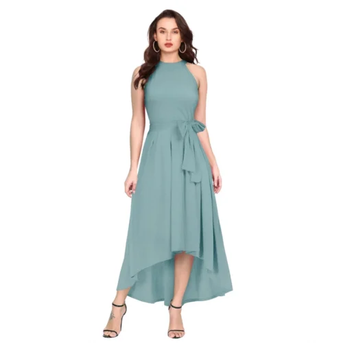 Women's Polyester Solid Halter Neck Sleeveless Dress (Pista)