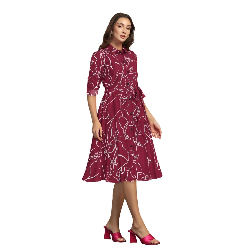 Women's Ruby Cotton Printed Shirt Collar 3-4th Sleeve Dress (Maroon) - Image 3