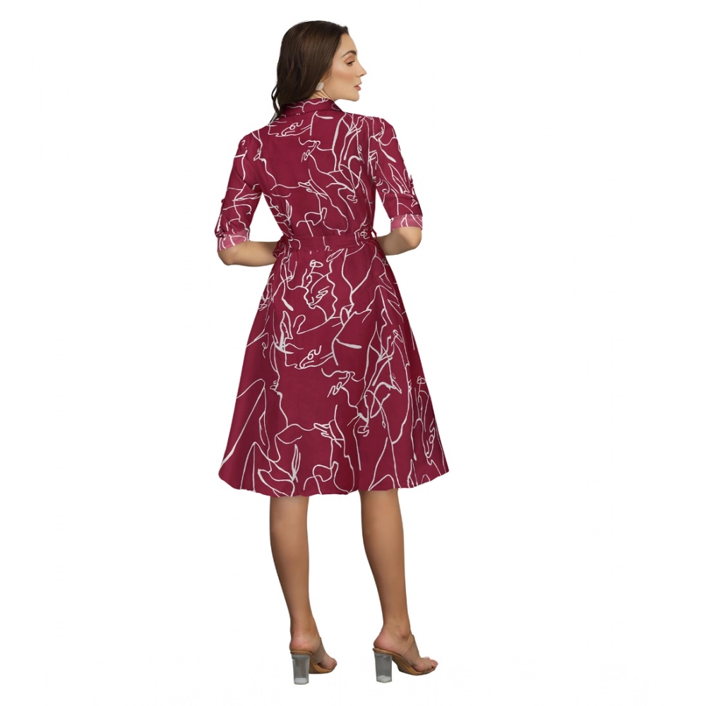 Women's Ruby Cotton Printed Shirt Collar 3-4th Sleeve Dress (Maroon) - Image 2
