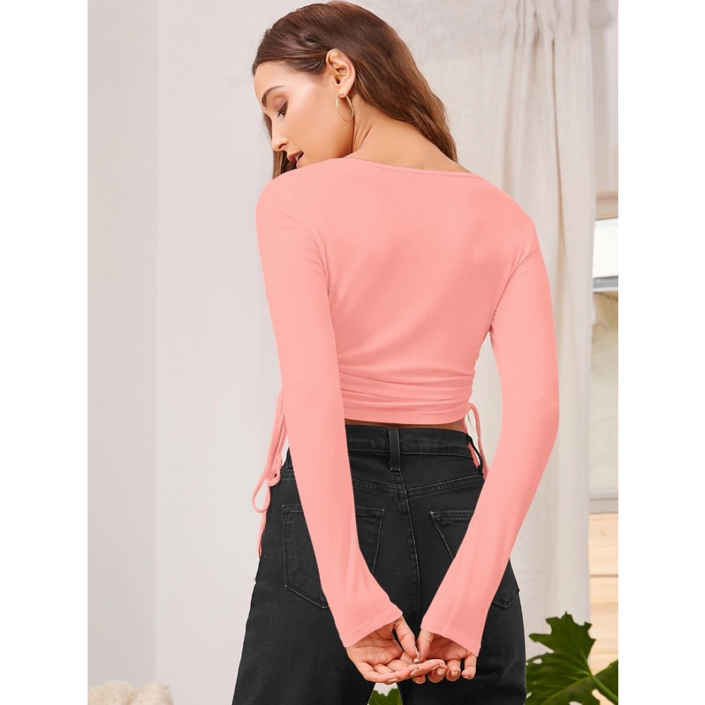 Women's Polyester Solid Round Neck Full Sleeve Top (Peach) - Image 2
