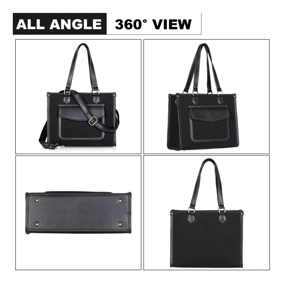 Women's Canvas Medium Top handle Satchel Zipper Handbag (Black) - Image 2
