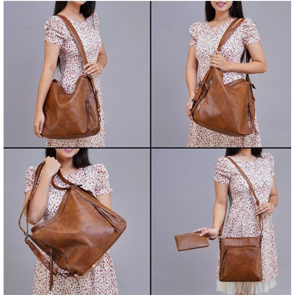 Women's PU Leather Medium Shoulder Zipper Handbag (Brown) - Image 2