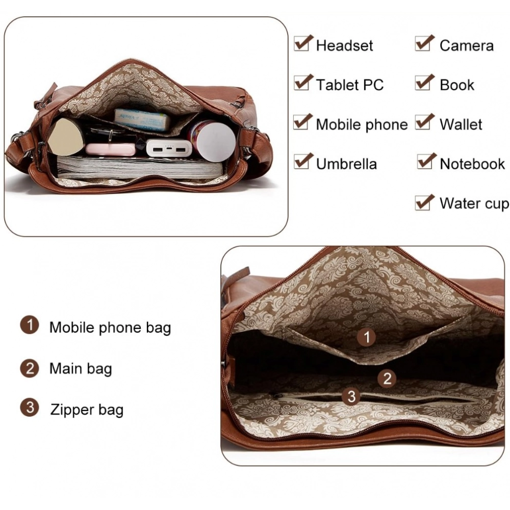 Women's PU Leather Medium Shoulder Zipper Handbag (Brown) - Image 4