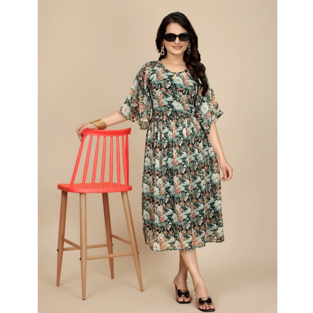 Women's Georgette Printed Round Neck Short Sleeve Dress (Black) - Image 2