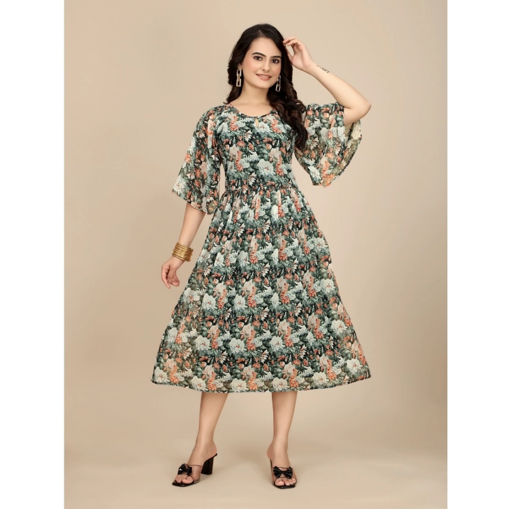 Women's Georgette Printed Round Neck Short Sleeve Dress (Black) - Image 4