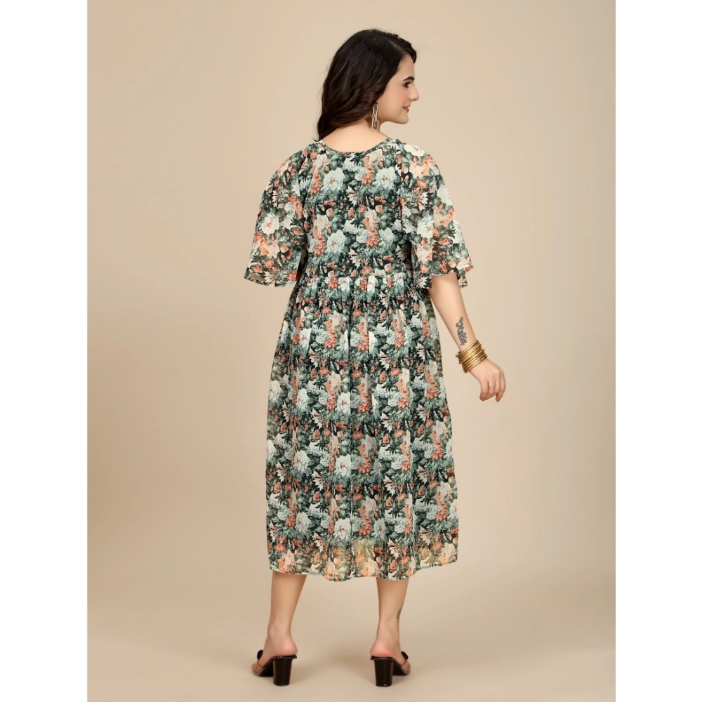 Women's Georgette Printed Round Neck Short Sleeve Dress (Black) - Image 5