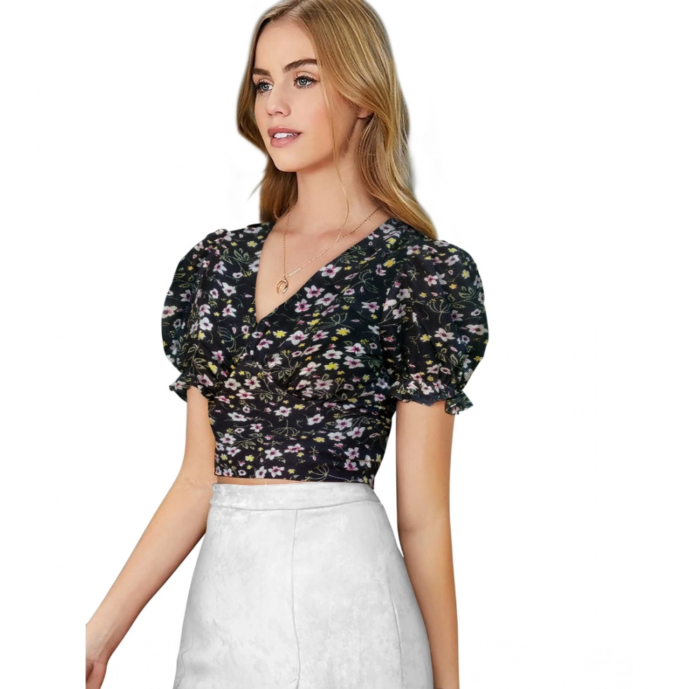 Women's Knitting Printed V-Neck Puff Sleeve Tops (Black) - Image 3