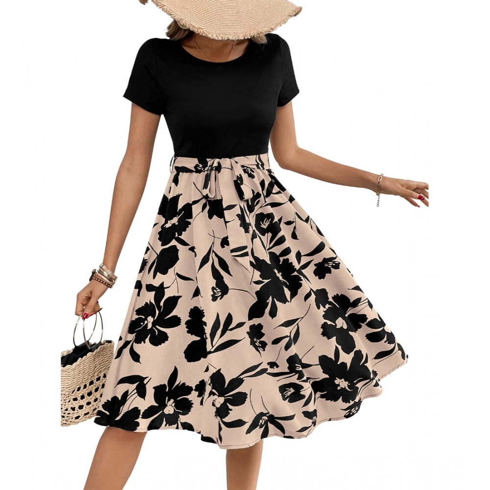 Women's Knitting Printed Round Neck Short Sleeve Dress (Cream) - Image 4
