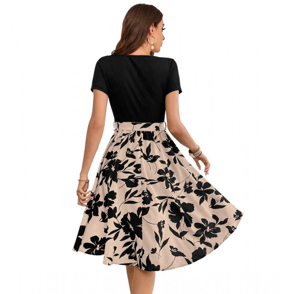 Women's Knitting Printed Round Neck Short Sleeve Dress (Cream) - Image 2