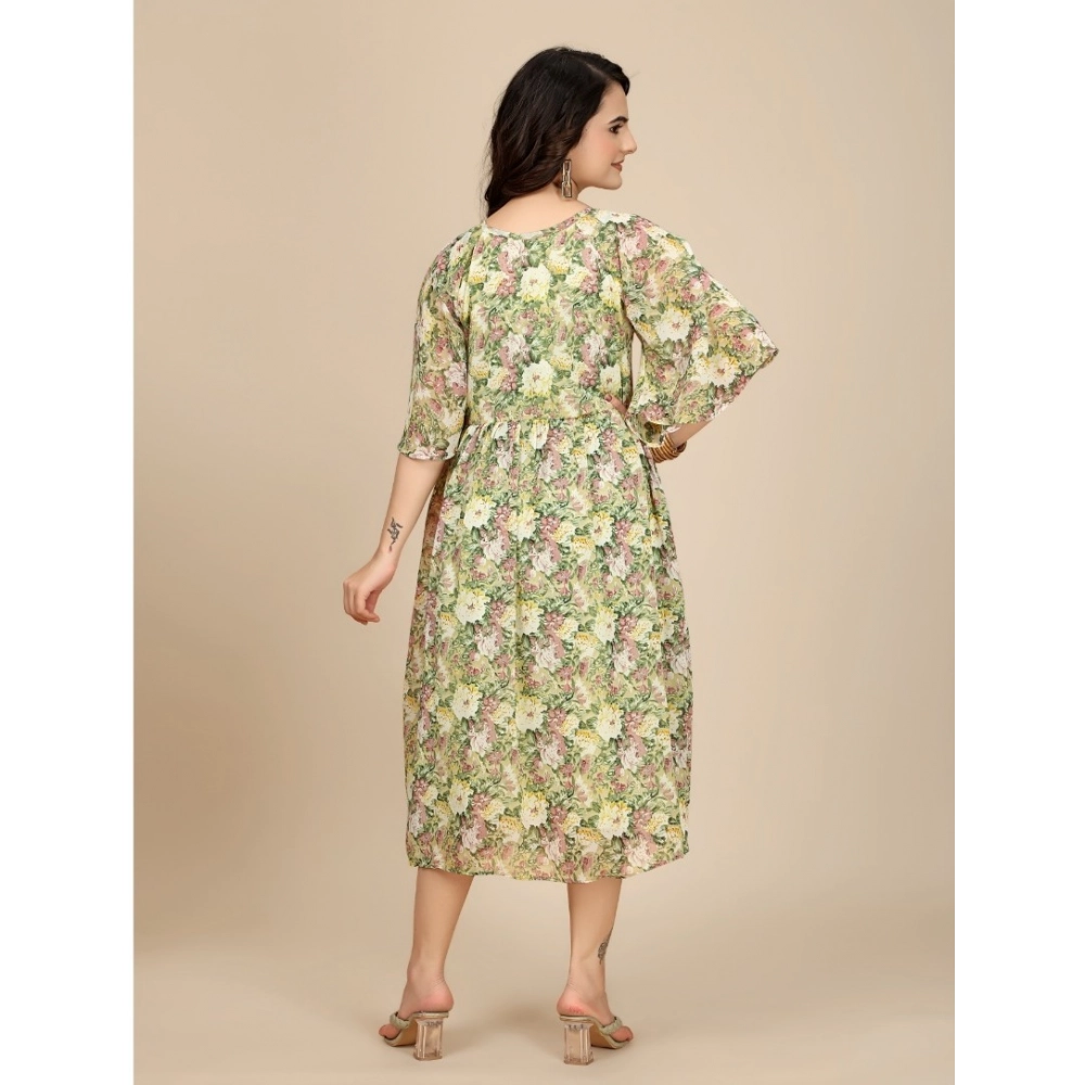 Women's Georgette Printed Round Neck Short Sleeve Dress (Green) - Image 5