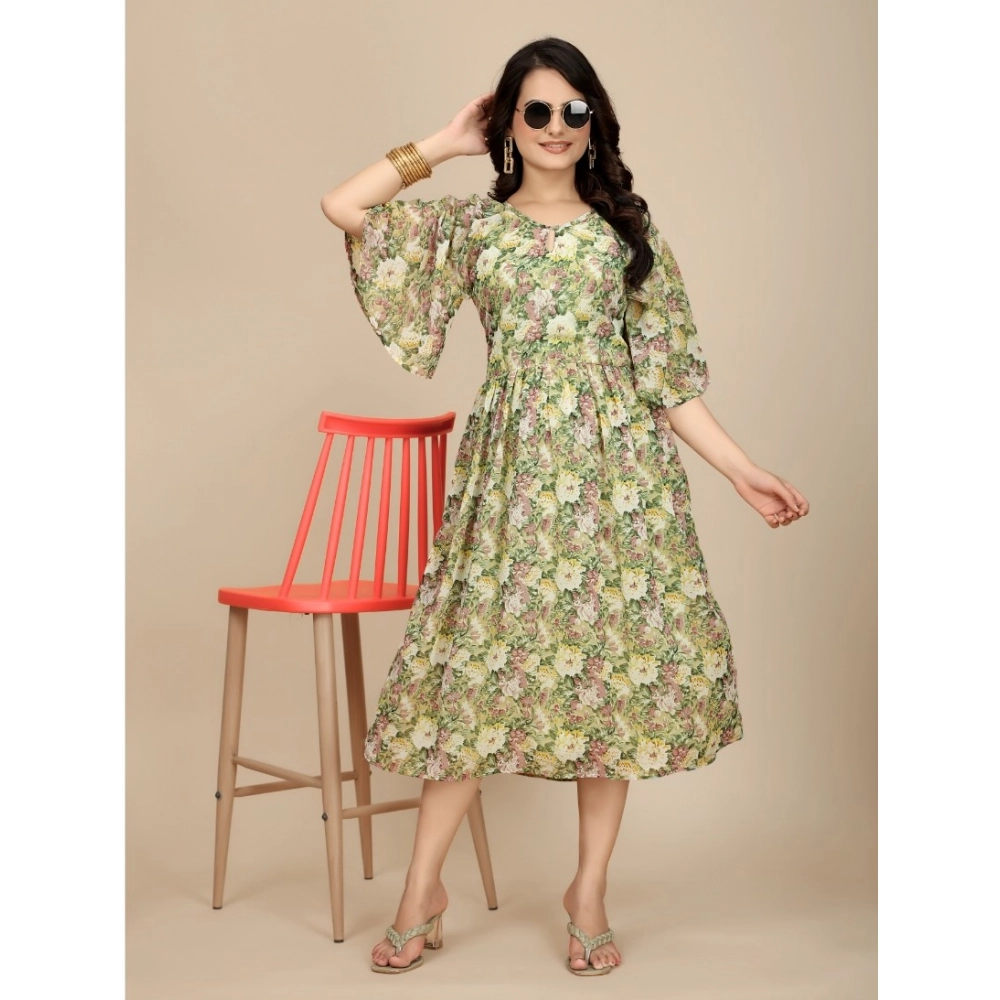 Women's Georgette Printed Round Neck Short Sleeve Dress (Green) - Image 3