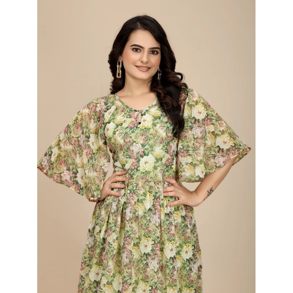 Women's Georgette Printed Round Neck Short Sleeve Dress (Green) - Image 2