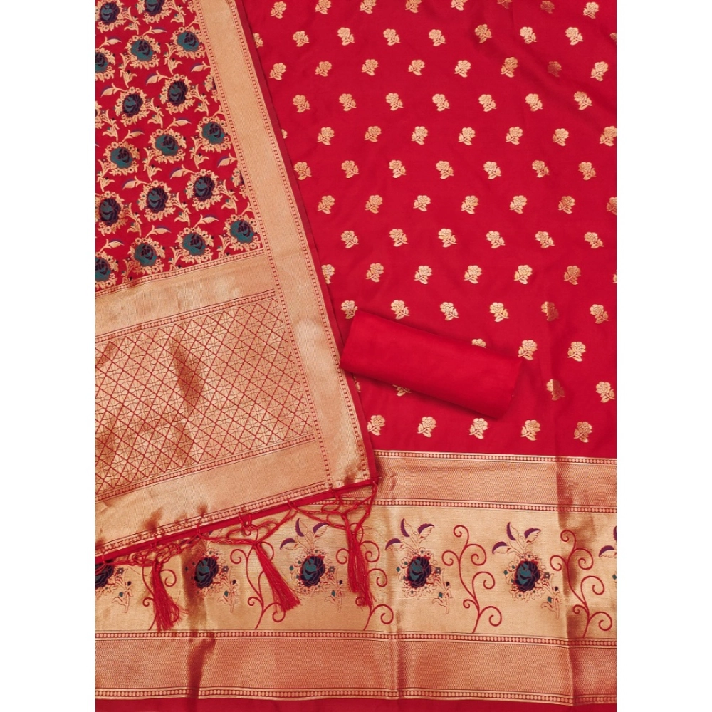 Women's Banarasi Silk Printed Unstitched Salwar Suit Material With Dupatta (Red, 3Mtrs) - Image 4