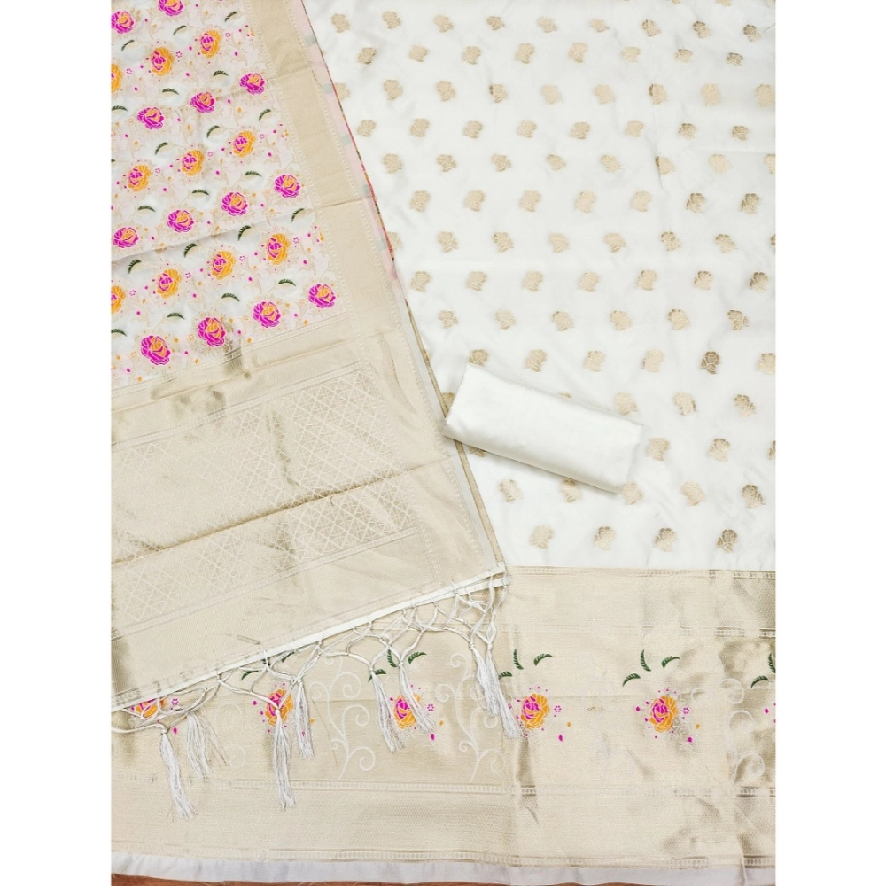 Women's Banarasi Silk Printed Unstitched Salwar Suit Material With Dupatta (White, 3Mtrs) - Image 2