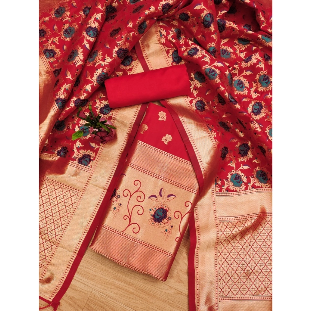 Women's Banarasi Silk Printed Unstitched Salwar Suit Material With Dupatta (Red, 3Mtrs) - Image 2