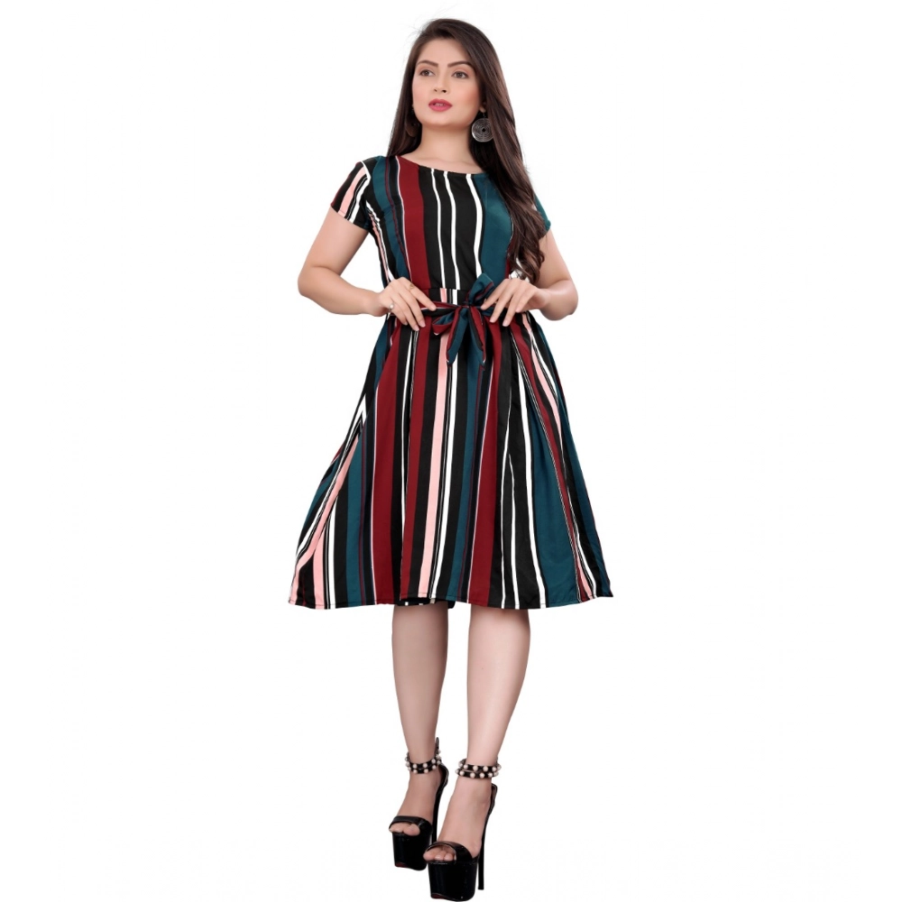 Women's Crep Striped Short Sleeve Dress (Red-Blue ) - Image 2