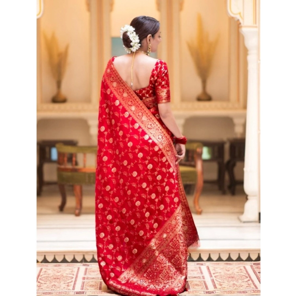 Women's Silk Printed Saree With Unstitched Blouse 5.5Mtr (Red) - Image 2