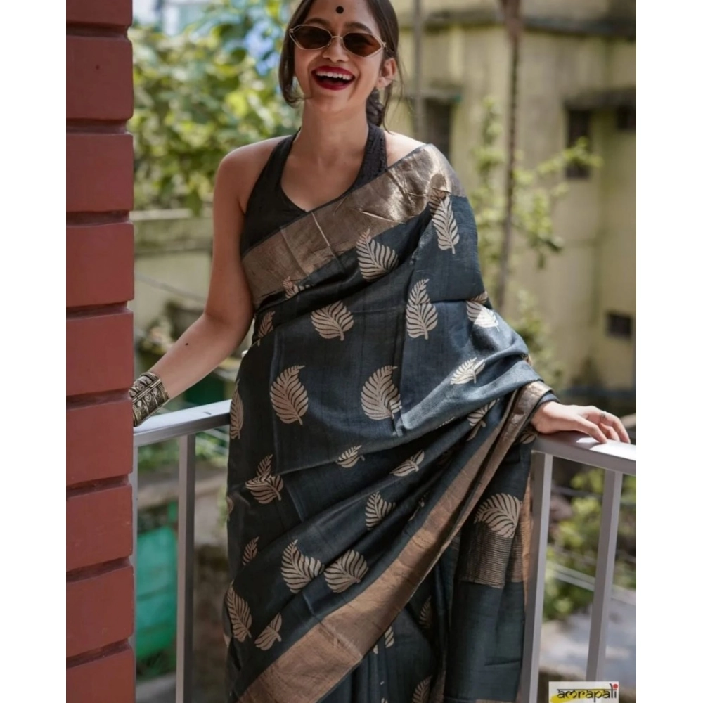 Women's Silk Printed Saree With Unstitched Blouse 5.5Mtr (Black) - Image 3