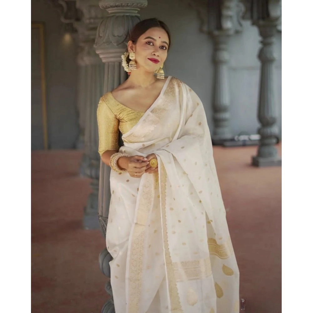 Women's Cotton Printed Saree With Unstitched Blouse 5.5Mtr (White) - Image 3