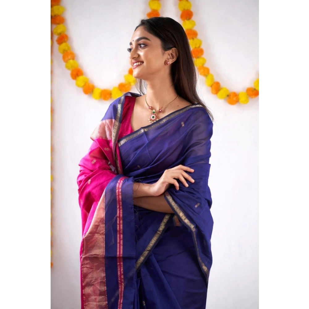 Women's Cotton Printed Saree With Unstitched Blouse 5.5Mtr (Blue) - Image 2