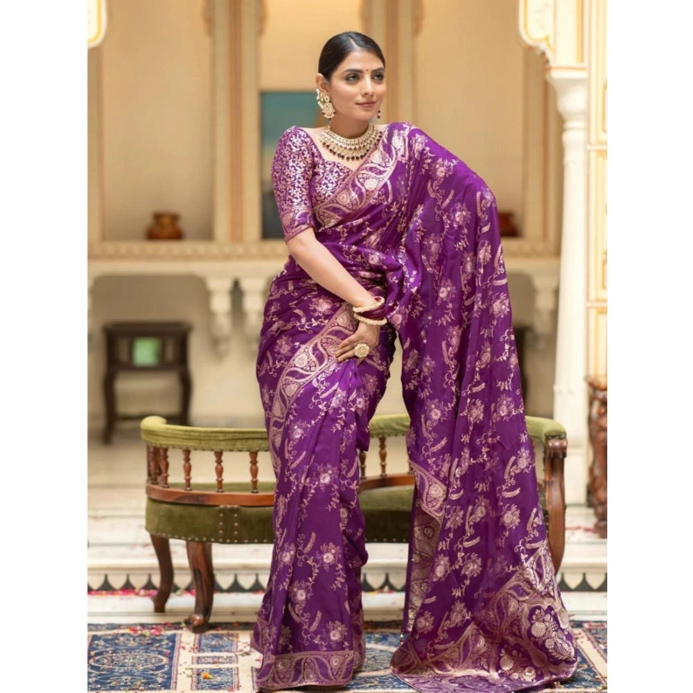 Women's Silk Printed Saree With Unstitched Blouse 5.5Mtr (Purple) - Image 3