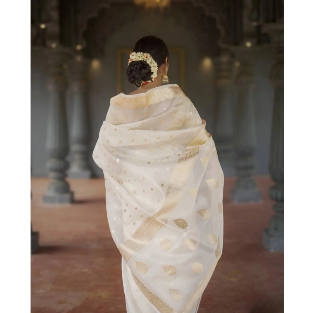 Women's Cotton Printed Saree With Unstitched Blouse 5.5Mtr (White) - Image 2