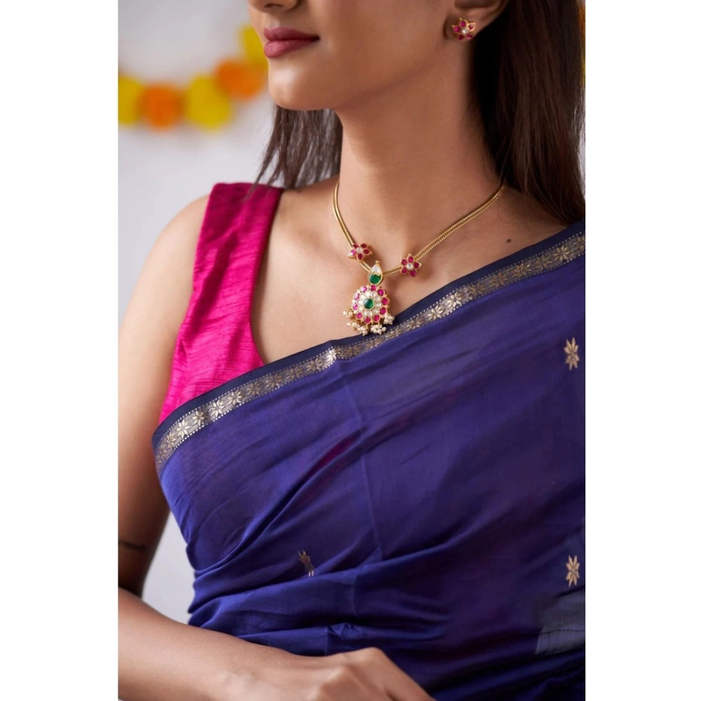 Women's Cotton Printed Saree With Unstitched Blouse 5.5Mtr (Blue) - Image 3