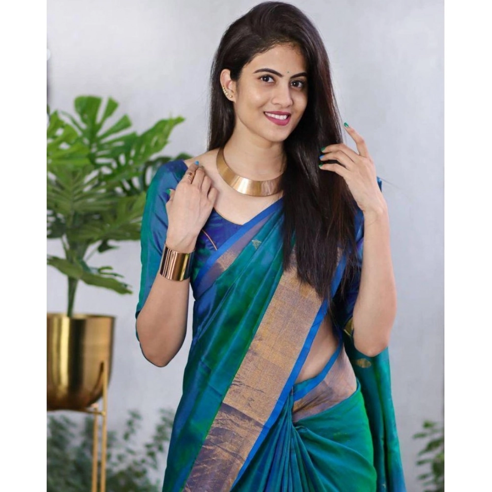 Women's Silk Printed Saree With Unstitched Blouse 5.5Mtr (Blue) - Image 2