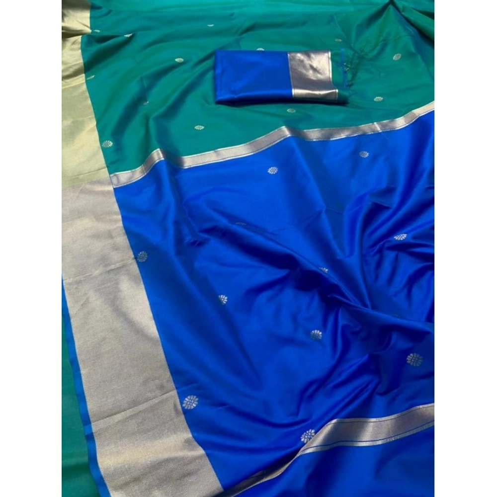 Women's Silk Printed Saree With Unstitched Blouse 5.5Mtr (Blue) - Image 3