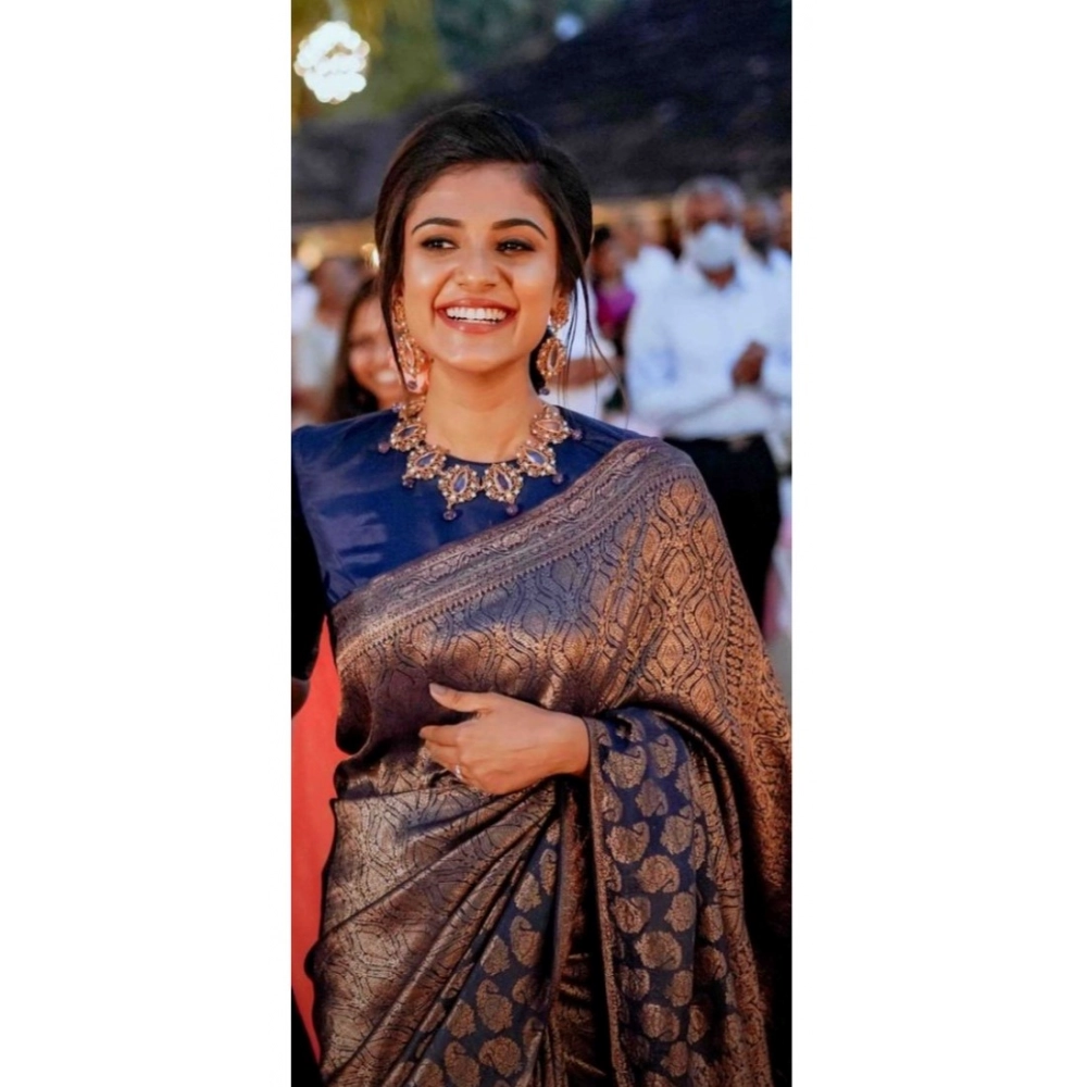 Women's Silk Printed Saree With Unstitched Blouse 5.5Mtr (Blue) - Image 2