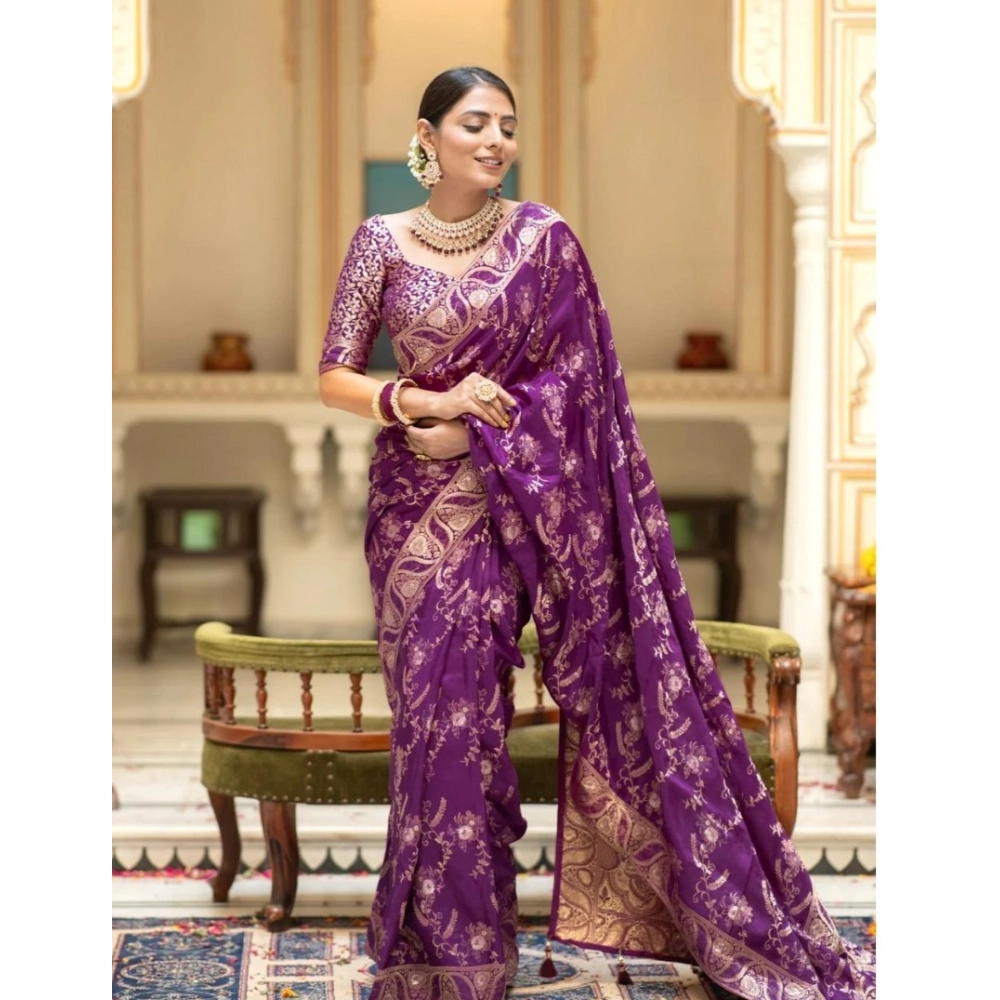 Women's Silk Printed Saree With Unstitched Blouse 5.5Mtr (Purple) - Image 2