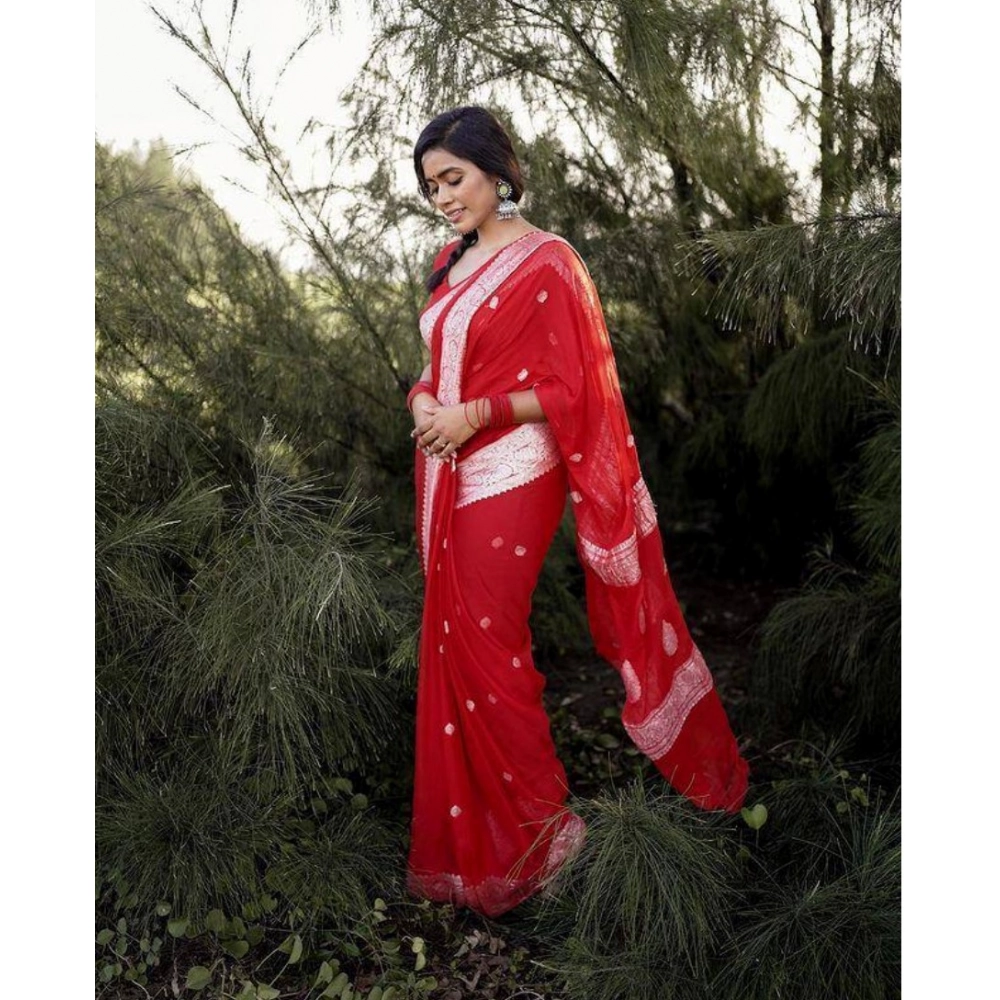 Women's Cotton Printed Saree With Unstitched Blouse 5.5Mtr (Red) - Image 3