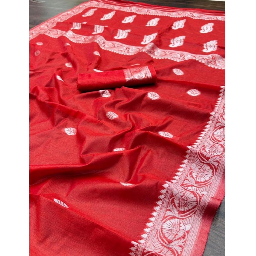 Women's Cotton Printed Saree With Unstitched Blouse 5.5Mtr (Red) - Image 2