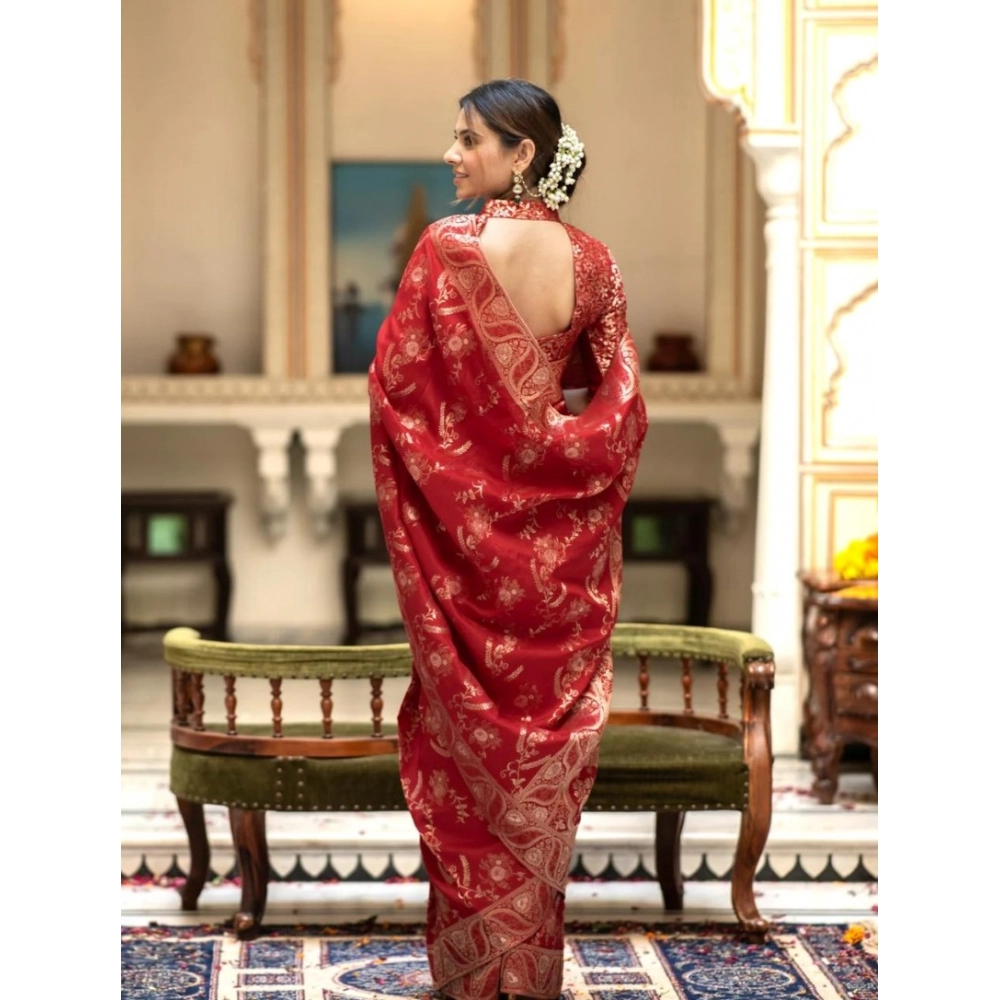 Women's Silk Printed Saree With Unstitched Blouse 5.5Mtr (Red) - Image 2