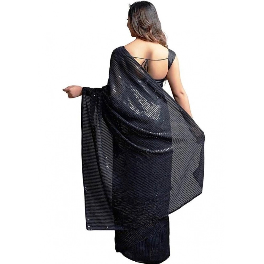 Women's Georgette Embellished Sequnece Bollywood Saree With Unstitched Blouse 5.5Mtr (Black) - Image 2