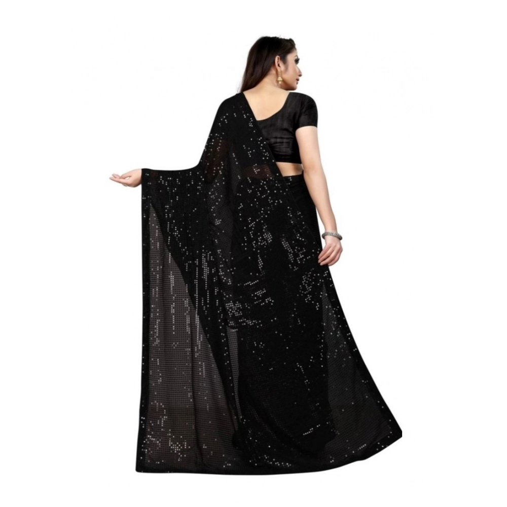 Women's Georgette Embellished Sequnece Bollywood Saree With Unstitched Blouse 5.5Mtr (Black) - Image 2