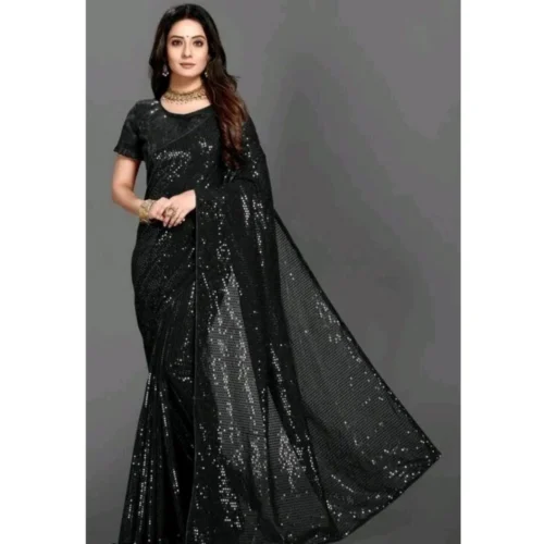 Women's Georgette Embellished Sequnece Bollywood Saree With Unstitched Blouse 5.5Mtr (Black)