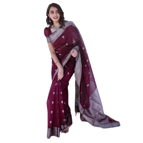 Women's Cotton Printed Saree With Unstitched Blouse 5.5Mtr (Maroon)