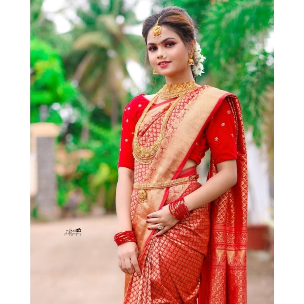 Women's Soft Lichi Silk Printed Saree With Unstitched Blouse 5.5Mtr (Red)