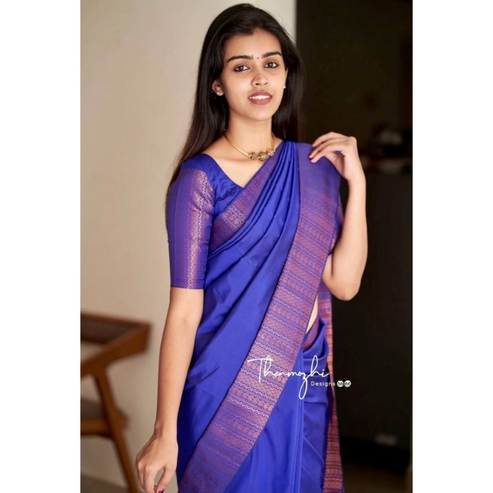 Women's Soft Lichi Silk Solid Saree With Unstitched Blouse 5.5Mtr (Blue)