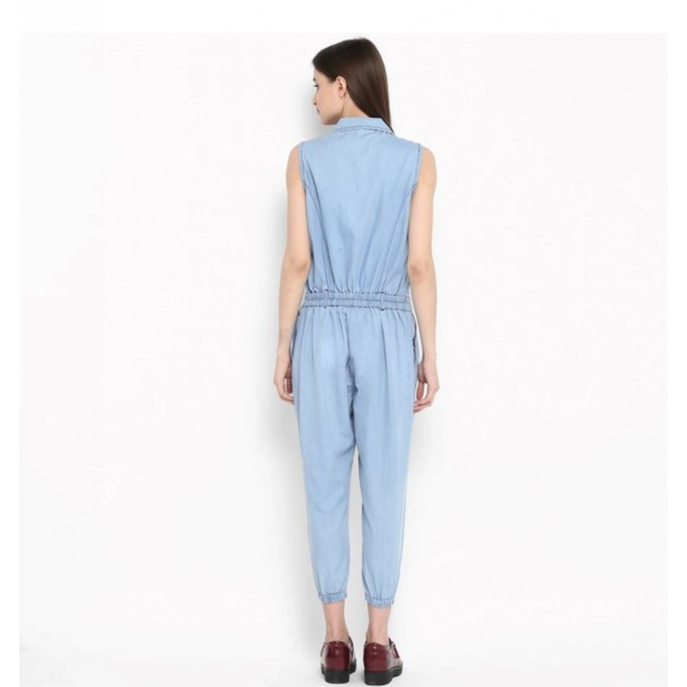 Women's Denim Solid Sleeveless Jumpsuit (Blue) - Image 2